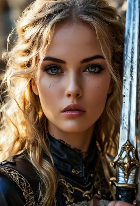 fit beutifull woman of 27 years, straight golden hair, lilac eyes ( cuerpo 90-60-90 lindo culo) holding a sword(background in a medieval castle with dragons)(black top and tight-fitting black leather pants. high boots with laces) (oval or slightly rounded ...