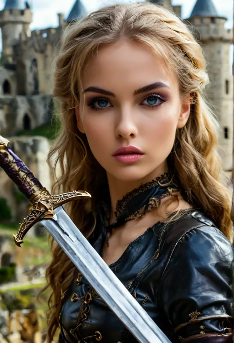 fit beutifull woman of 27 years, straight golden hair, lilac eyes ( cuerpo 90-60-90 lindo culo) holding a sword(background in a medieval castle with dragons)(black top and tight-fitting black leather pants. high boots with laces) (oval or slightly rounded ...