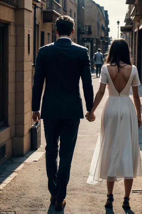 Two people holding hands but at the same time walking away with their backs turned where the man shows pride by having his jaw raised higher than her