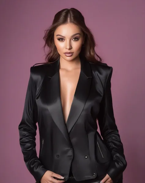 Araffada woman in a black jacket posing in front of a wall., Violet Myers, clear portrait of Medium pink, portrait of Medium pink, Medium pink, portrait Medium pink, brown hair and a perfect body, sexy :8, alone beautiful latin woman, Portrait Sophie Mudd,...