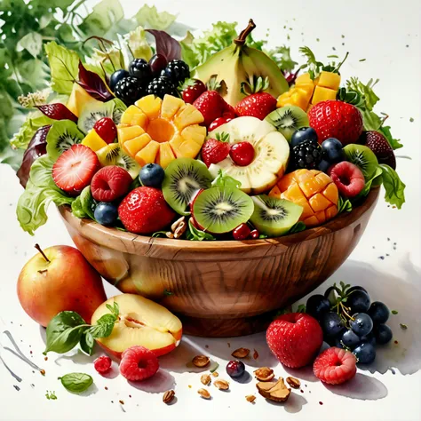 there is bowl of salad made of different fruit , fresh and creamy, served in fancy wooden bowl, illustration, baking ingredients...