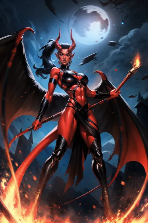 Red skin succubus tiefling, digitigrade legs, medium breasts, black horns, wings, huge tail, black leather, crop top, long flowing pelvic curtain, tall, toned, graceful, thin, long black ponytail. Action scene, whip. Dark scene, explosions, night sky.