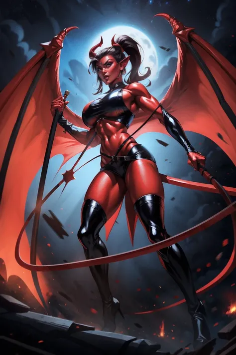 Red skin succubus tiefling, medium breasts, black horns, wings, huge tail, black leather, crop top, long flowing pelvic curtain, tall, toned, graceful, thin, long black ponytail. Action scene, whip. Dark scene, explosions, night sky.