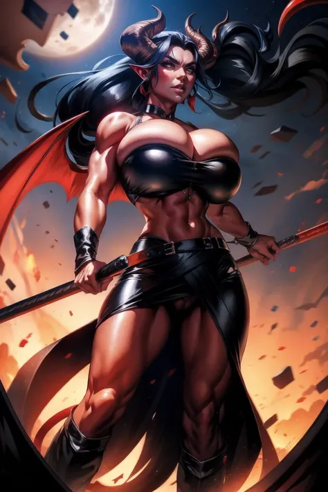 Red skin succubus tiefling, medium breasts, black horns, wings, huge tail, black leather, crop top, long flowing pelvic curtain, tall, toned, graceful, thin, long black ponytail. Action scene, whip. Dark scene, explosions, night sky.