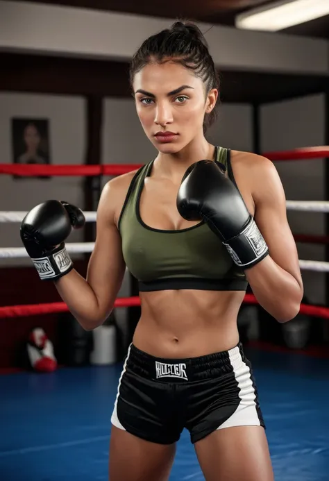 A woman in a boxing ring, wmma. A woman in a black tank top and red boxing gloves. Portrait of a boxer, in a combat pose. His right arm is bent backwards, as if prepared to throw a punch, while his left arm is forward, in a defensive position. She looks in...