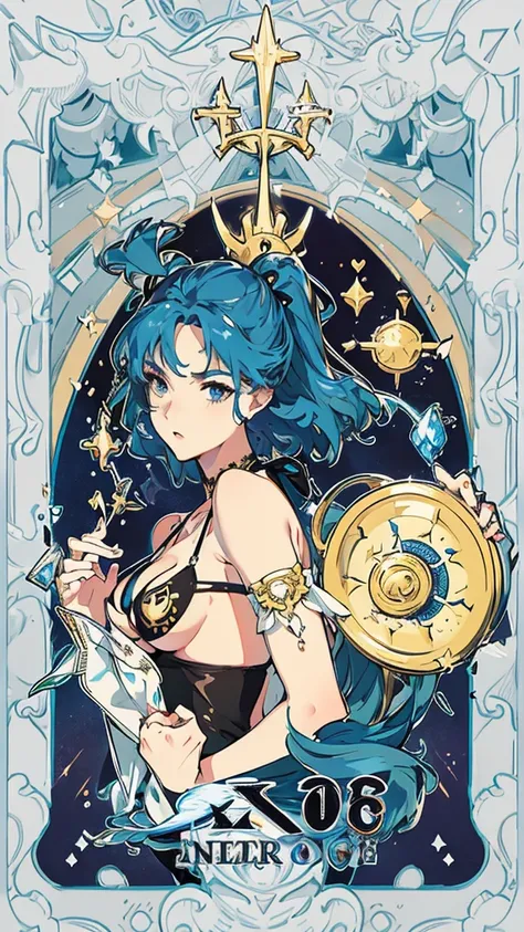 tarot cards,Hands together,Vulcan salute,attention, There is a halo behind the head,finely_detailed, perfect_Body, perfect_Eye, perfect_Face, perfect_finger,Yu-Gi-Oh card game style、(((Voluminous breasts 1.8)))、(((micro bikini 1.4)))、(Saggy breasts 1.4)、(C...