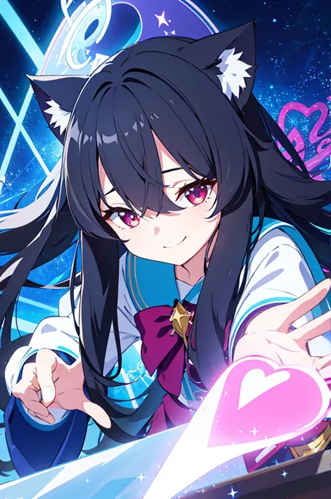 ,thundermagic, excessive energy, charged aura,Archangels halo,eyes are sky blue.long black hair.Look at me and smile.cheeks are red.do cat pose.Very cute outfit and face.Cat ear.wear crystal-like hair ornaments.put a heart, hair over eyes.One eye is hidden...