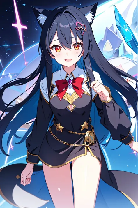 ,thundermagic, excessive energy, charged aura,Archangels halo,eyes are sky blue.long black hair.Look at me and smile.cheeks are red.do cat pose.Very cute outfit and face.Cat ear.wear crystal-like hair ornaments.put a heart, hair over eyes.One eye is hidden...