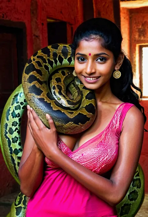  Happy Horny, aroused 1girl), beautiful Indian  young teen girl  with  giant colossal Kaa monster squeezing her hard, wrapped in thick spiraling coils, constricted, struggle, gasping for air, snake attack, snake peril 