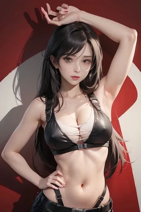 (((Full and soft breasts,)))(((Huge breasts))) (((Cleavage))) (Perfect curvy figure)Tifa Lockheart，Belly button bleeding，Blood in the stomach