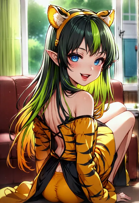 (lum:1.2), 1girl, long hair, (tiny horns), (score_9, score_8_up, score_7_up), small pointy ears, masterpiece, best quality, absurdres, unity, 8k, wallpaper, hi res, highly detailed face, highly detailed eyes, blue eyes, (intricate details:1.4), (two-tone h...