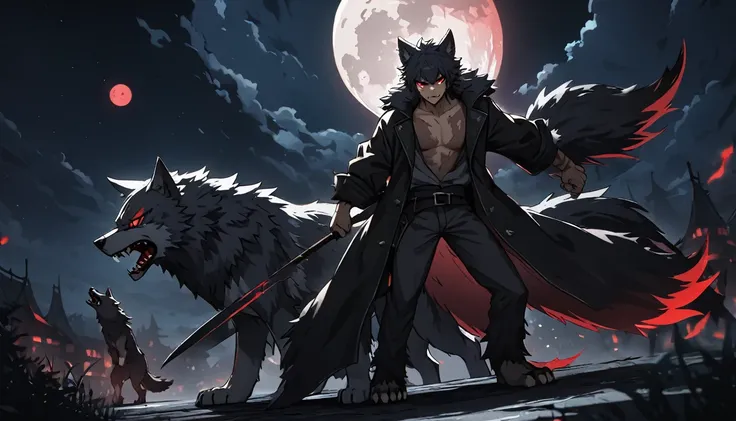 ((Wolf Guy)), ((Wolf)), Black Coat, ((Red Eyes)), ((Possessive)), ((Long Tail)), Angry, Scars, Night, Moon, HD, High Resolution, 4K