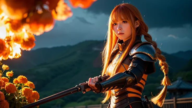 vibrant colors, girl, masterpiece, sharp focus, best quality, depth of field, cinematic lighting, (anime screencap:1.4), Detailed glowing orange eyes, white long hair, straight bangs, hair framing, long braids on the side of the face, military futuristic a...