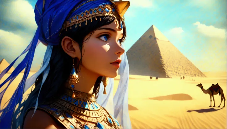 score 9, sorce photo, from side, wide shot, a young gay princess in egyptian style gorgeous dress, looking up at the pyramids, one hand up, clear blue sky, Very strong sunlight, endless desert, camel caravan, hyper detailed, cinematic lighting, 8k, highly ...