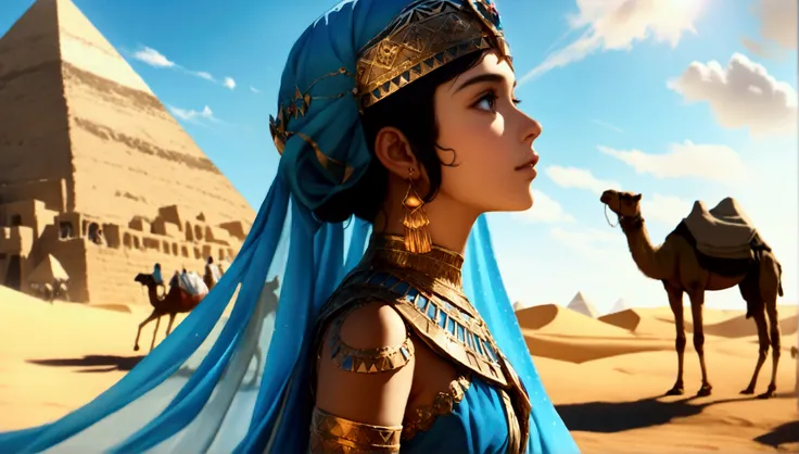 score 9, sorce photo, from side, wide shot, a young gay princess in egyptian style gorgeous dress, looking up at the pyramids, one hand up, clear blue sky, Very strong sunlight, endless desert, camel caravan, hyper detailed, cinematic lighting, 8k, highly ...