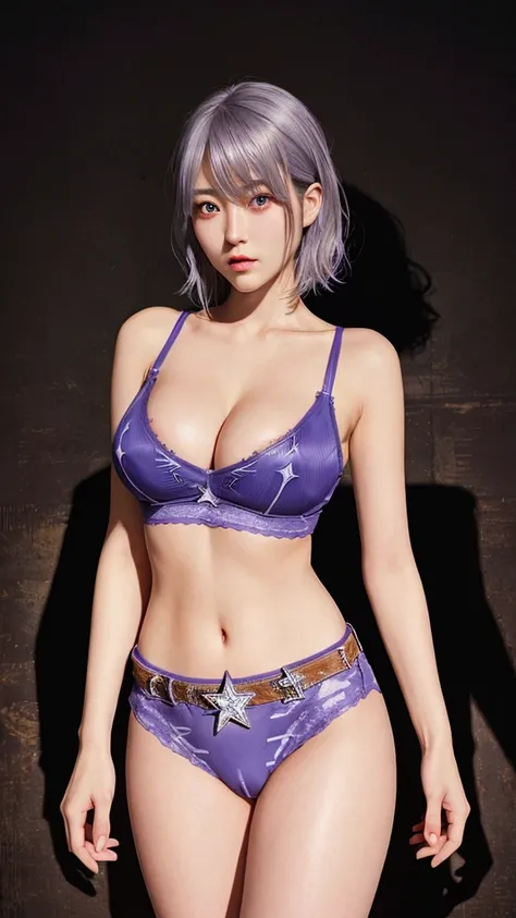 Expressionless, Japanese Beauty, (masterpiece, Highest quality, Super detailed, Best Shadow, Volumetric lighting), (Beautifully detailed face, Beautiful attention to detail), (Best lighting), One woman, Are standing, Facing forward, Purple eyes, Short Hair...