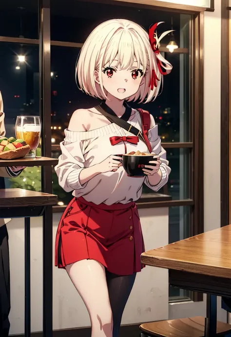 Chisato Nishikigi, short hair, bangs, Blonde, (Red eyes:1.5), hair ribbon, One side up, Bobcut,happy smile, smile, Open your mouth,Black-rimmed glasses,Red one-shoulder sweater,mini skirt,Black pantyhose,short boots,There is food on the table,トレイ in one ha...