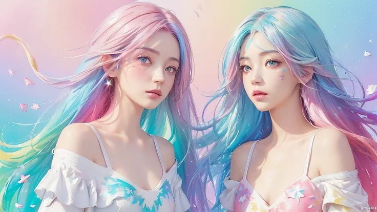 （Pink Fashion dress：1.9），(Colorful hair: 1.8), (all the colours of the rainbow: 1.8),(((((vertical painting：1.6))), （painting：1.6），front, comics, illustrations, paintings, large eyes, crystal clear eyes,（ rainbow color gradient high ponytail：1.7）, exquisit...