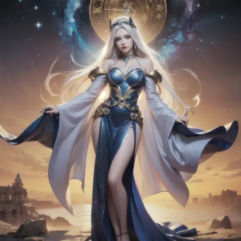 (Time Goddess:1.2) (ethereal presence:1.1) (flowing silver hair:1.1) (glowing blue eyes:1.1) (ancient clock motifs:1.2) (cosmic background:1.3) (golden gears and cogs:1.3) (shimmering robe:1.2) (celestial patterns:1.1) (delicate silver jewelry:1.1) (radian...