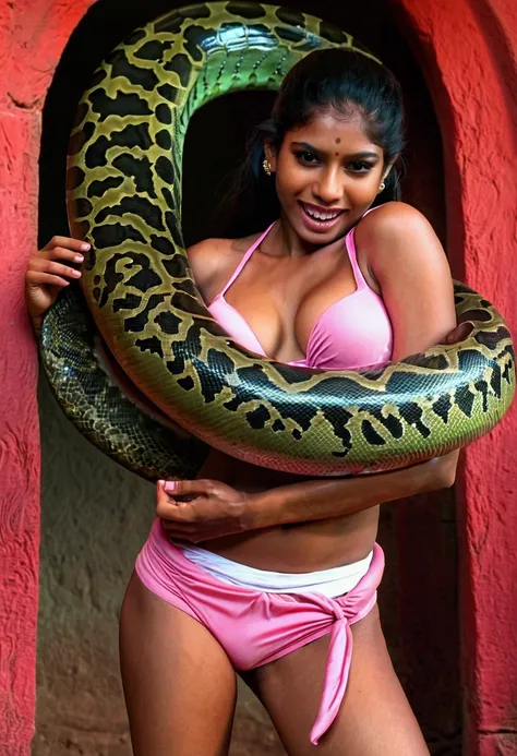  Happy Horny, aroused 1girl), beautiful Indian  young teen girl wearing pink thong   with  giant colossal Kaa monster squeezing her hard, wrapped in thick spiraling coils, constricted, struggle, gasping for air, snake attack, snake peril 