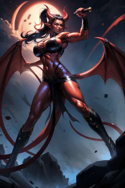 Red skin succubus tiefling, medium breasts, black horns, wings, huge tail, black leather, crop top, long flowing pelvic curtain, tall, toned, graceful, thin, long black ponytail. Action scene, whip. Dark scene, explosions, night sky.