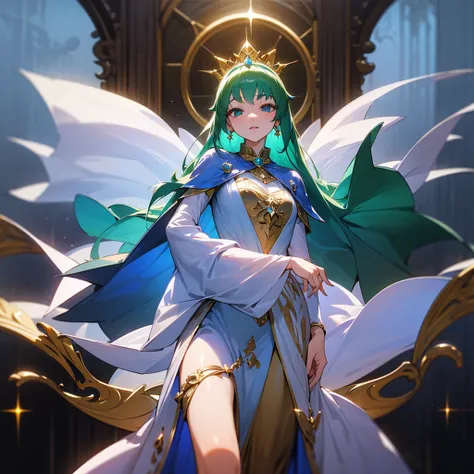 high resolution、Princess of the Emerald Kingdom。Neat and clean、There is an air of adult elegance、With emerald tiara、Gorgeous emerald necklace、Luxurious blue dress、Fantasy、like medieval europe。