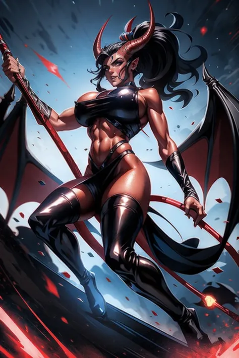 Red skin succubus tiefling, digitigrade legs, full breasts, medium breasts, black horns, wings, huge tail, black leather, crop top, long flowing pelvic curtain, tall, toned, graceful, thin, long black ponytail. Action scene, whip. Dark scene, explosions, n...