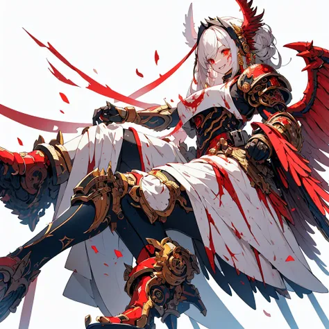 (master piece、highest quality）、（Perfect athlete body：1.2）、（detailed hair）、Super detailed、anime style、whole body、solo、devil girl、blood red power armor、sisters of war、warhammer 40k、white hair, golden eyes, and tears of blood、huge wings、chant blood magic、high...