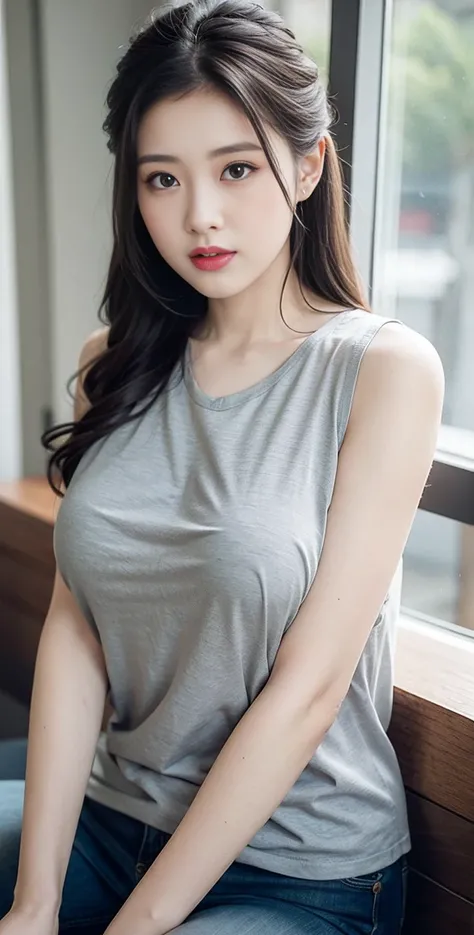 Highest quality, 1 beautiful woman, 28 years old,  Large breast bulges, s, 35mm lens, F/1, Cowboy shot, Specific Background、Tiled background、Perm、sweat　((light gray shirt)), sleeveless,