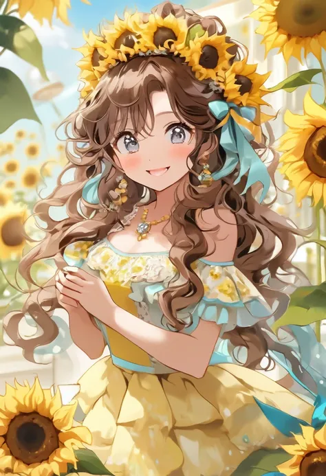 bloom, chocolate brown hair, curly hai, half updo, head wreath of sunflower, aqua eyes, flower-shaped pupils, longeyelashes, solid circle eyes, sunflower earrings, light smile, glint, happy, light blush, wearing luxury cream yellow dress with lots of sunfl...