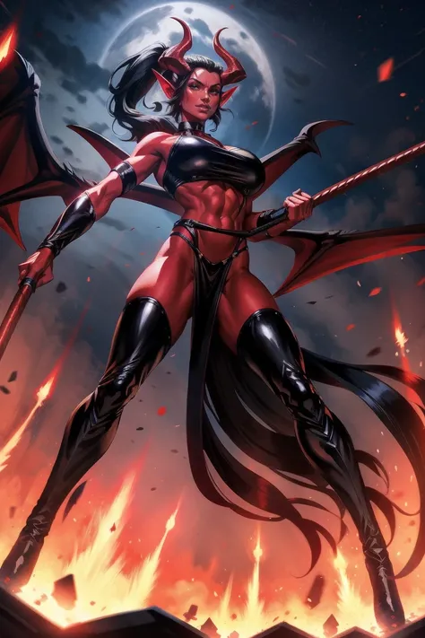 Red skin succubus tiefling, medium breasts, black horns, wings, huge tail, black leather, crop top, long flowing pelvic curtain, tall, toned, graceful, thin, long black ponytail. Action scene, whip. Dark scene, explosions, night sky.