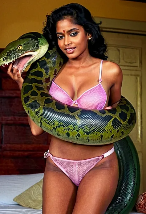  Happy Horny, aroused 1girl), beautiful Indian  young teen girl  wearing thong with  giant colossal Kaa monster squeezing her hard, wrapped in thick spiraling coils, constricted, struggle, gasping for air, snake attack, snake peril 