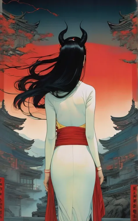 1 female demon praying
 , tubes connected her back to the wall
beautiful 
Geisha Inspired Makeup
long black hair
mechanical arms
red turtle neck tight
skulls
(color ink painting by  Yoshitaka Amano  Moebius, Victo Ngai	 Katsuya Terada,  )