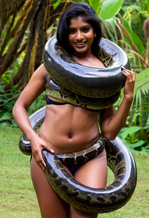  Happy Horny, aroused 1girl), beautiful Indian  young teen girl  wearing thong with  giant colossal anaconda  monster squeezing her hard, wrapped in thick spiraling coils, constricted, struggle, gasping for air, snake attack, snake peril 