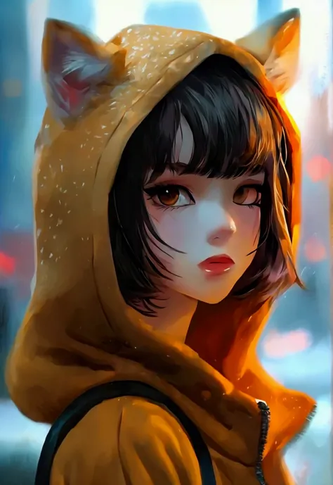 ((best quality)), ((masterpiece)), (detailed), 1girl, (wolf cut), short hair, brown eyes, brown hoodie, ample breasts, city background, aesthetic, (Korean girl), ((night)), ((gorgeous woman)), (tomboy), (cat eyes)