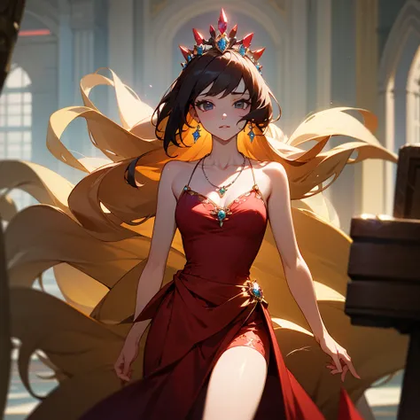 high resolution、Princess of the Ruby Kingdom。Neat and clean、There is an air of adult elegance、With ruby tiara、Gorgeous Ruby Necklace、Luxurious red dress、Fantasy、like medieval europe。