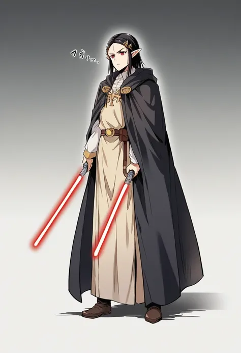 Princess Zelda full body shot, Black Hair, Red eyes, Dressed as Ray Skywalker, 30 years old, mature, XL Bust, Holding a red lightsaber in one hand, Wearing a black cloak with red trim, Finding, In combat mode, background: Inside the Death Star space statio...