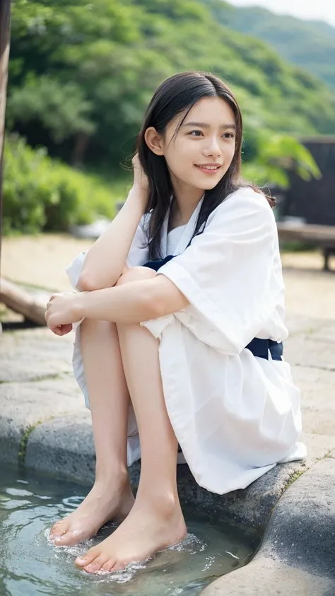 (((sunny day、Japanese 、Beach、A strong wind is blowing、Her hair and skirt are flying、Crouch down, Scooping up seawater and spreading your hands、Traditional navy blue sailor uniform、White blouse、Pleated skirt、Playing in sea water:1.25、splash、Pour water on th...