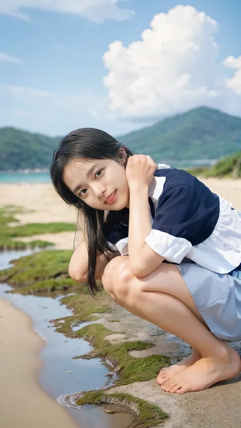 (((sunny day、Japanese 、Beach、A strong wind is blowing、Her hair and skirt are flying、Crouch down, Scooping up seawater and spreading your hands、Traditional navy blue sailor uniform、White blouse、Pleated skirt、Playing in sea water:1.25、splash、Pour water on th...