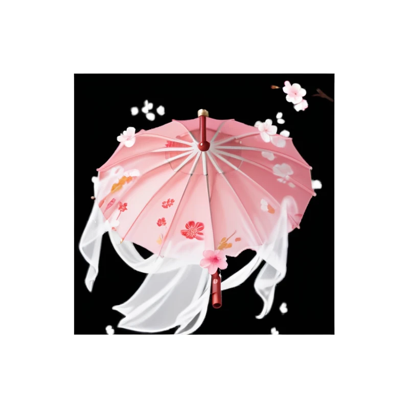 there is a pink umbrella with flowers on it and a white ribbon, 飘逸的Cherry blossoms丝, 飘逸的Cherry blossoms色丝绸, 阳umbrella, Sakura Kinomoto, Cherry blossoms盛开, 落下的Cherry blossoms瓣, 阳umbrellas, 茂盛的Cherry blossoms, 飘落的Cherry blossoms瓣, Has a blooming and ethereal...