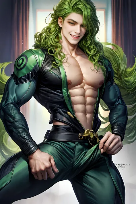 gekko style, valorant, 1boy, green hair, brown eyes, muscular, curly hair, long hair, gift, dark, mysterious, , bts, causal outfit, handsome, collage, smiling