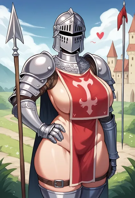 kardia, 1girl, solo, standing, armor, helmet, faceless, knight, visor (armor), plume, heart, breastplate, castle, medieval, thigh strap, standing, ((spear, holding spear)), hand on hip, ((hip armor, chainmail, armored dress, full armor, tabard)), facing vi...