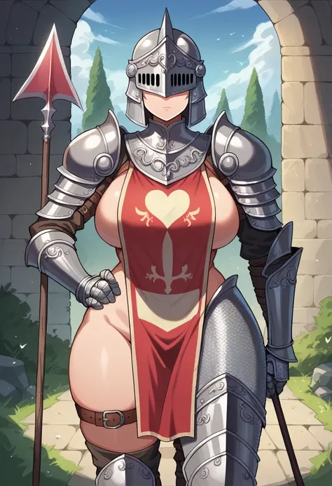 kardia, 1girl, solo, standing, armor, helmet, faceless, knight, visor (armor), plume, heart, breastplate, castle, medieval, thigh strap, standing, ((spear, holding spear)), hand on hip, ((hip armor, chainmail, armored dress, full armor, tabard)), facing vi...