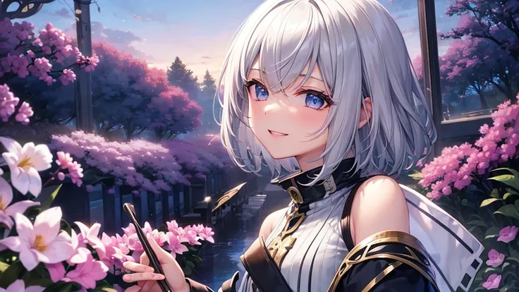 Ultra HD,Look at the viewers, Put your hands behind your back, With a girl, 20-year-old, 非常にShort Hair, Long bangs between the eyes, Pale blue eyes,  Very detailed,(masterpiece、Highest quality),Gray Hair、Laughter、Fantastic, Silver Hair, Iris,  Short hair、 ...