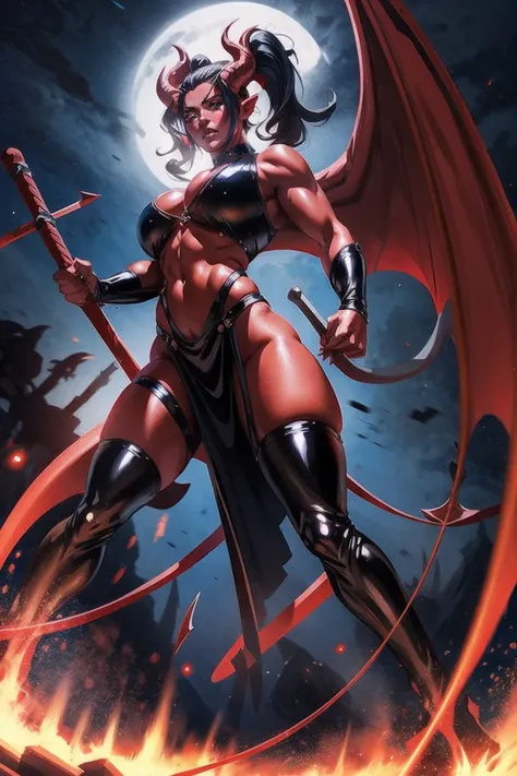 Red skin succubus tiefling, digitigrade legs, plump medium breasts, black horns, wings, huge tail, black leather, crop top, long flowing pelvic curtain, tall, toned, graceful, thin, long black ponytail. Action scene, whip. Dark scene, explosions, night sky...