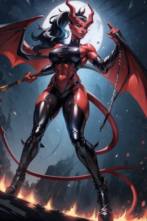 Red skin succubus tiefling, digitigrade legs, full breasts, medium breasts, black horns, wings, huge tail, black leather, crop top, long flowing pelvic curtain, tall, toned, graceful, thin, long black ponytail. Action scene, whip. Dark scene, explosions, n...