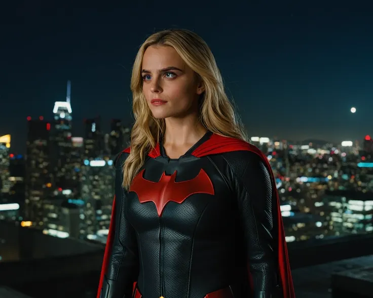 cinematic film still of ((millie gibson)) as batwoman ,wearing batwoman suit, standing on a roof top overlooking a city ,look up...