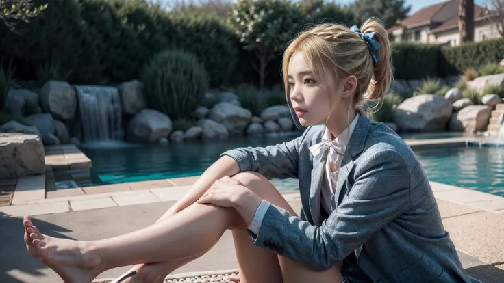 1 Girl, (alone:1.3), ditch, hot spring, Outdoor, Suit jacket, Hug your feet, of course(Blue Archive), Medium chest,  Blonde, Braid, Folded ponytail, Hair Ribbon, 