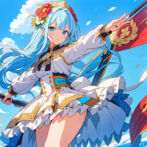 One girl、Absurd、The notes are arranged in a circle、Dynamic configuration、marching band、(((masterpiece、Highest quality、Official Art、Very detailed、Handsome face、Dynamic configuration)))、Anime Style、(Milky white and blue hair:1.3),(blue eyes:1.4),(Bright colo...