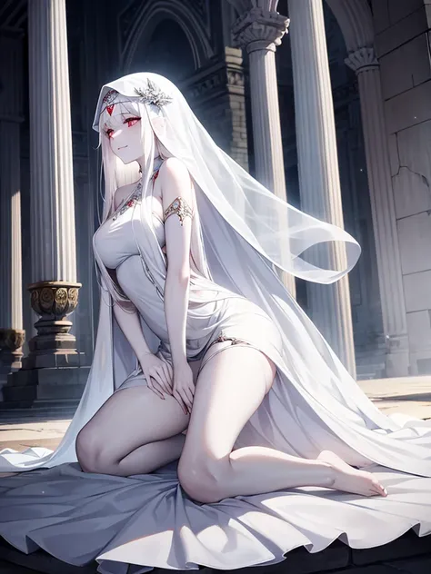 Beautiful, majestic, melancholic, woman, solo-girl, long white hair, pale white skin, red eyes, sad smile, (white dress:1.1), (white veil:1.1), kneeling, dark ancient temple in background, rays of moonlight